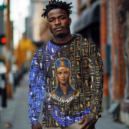 Hatshepsut Long Sleeve Shirt with Queen King Portrait, Temple Illustration and Blue-Gold Hieroglyphic - African Pride