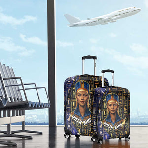 Hatshepsut Luggage Cover with Queen King Portrait, Temple Illustration and Blue-Gold Hieroglyphic - African Pride