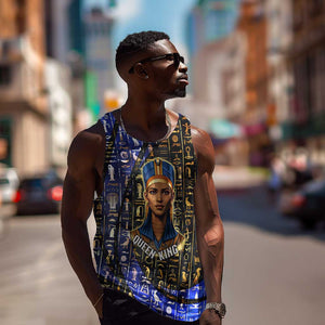 Hatshepsut Men Tank Top with Queen King Portrait, Temple Illustration and Blue-Gold Hieroglyphic - African Pride