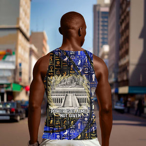 Hatshepsut Men Tank Top with Queen King Portrait, Temple Illustration and Blue-Gold Hieroglyphic - African Pride