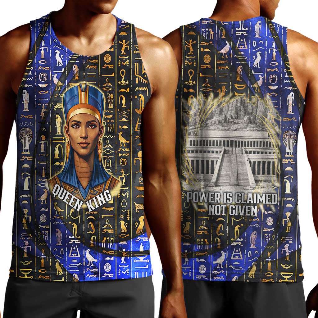 Hatshepsut Men Tank Top with Queen King Portrait, Temple Illustration and Blue-Gold Hieroglyphic - African Pride