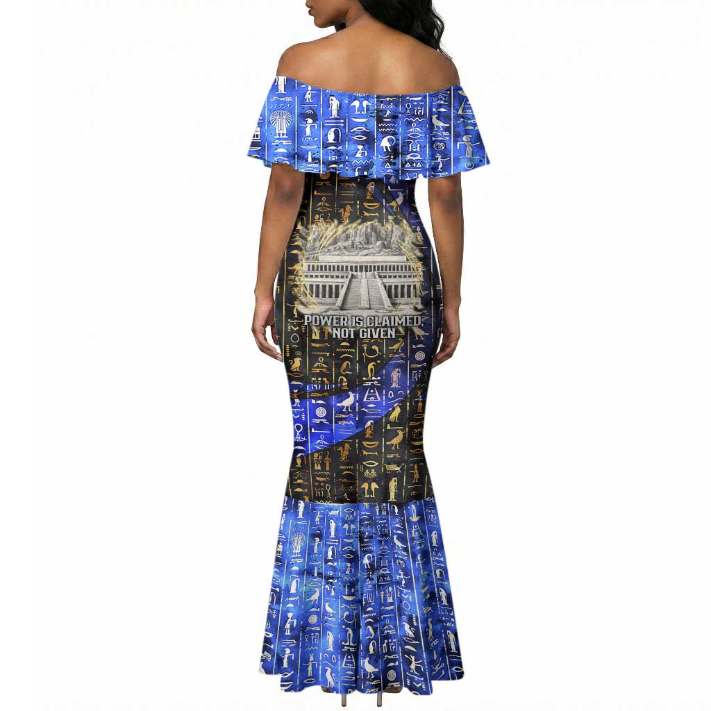 Hatshepsut Mermaid Dress with Queen King Portrait, Temple Illustration and Blue-Gold Hieroglyphic - African Pride