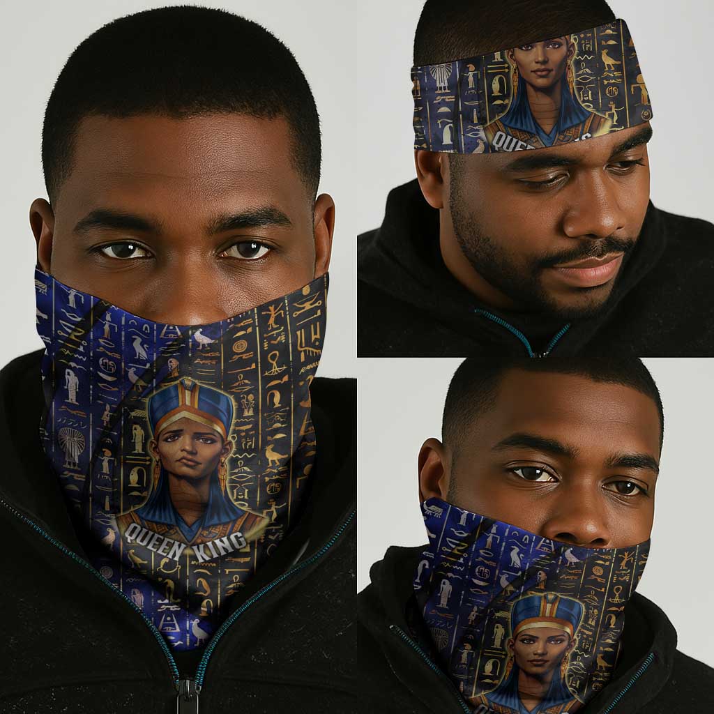 Hatshepsut Neck Gaiter with Queen King Portrait, Temple Illustration and Blue-Gold Hieroglyphic - African Pride