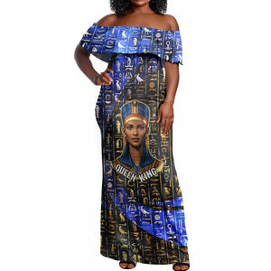 Hatshepsut Off Shoulder Maxi Dress with Queen King Portrait, Temple Illustration and Blue-Gold Hieroglyphic - African Pride