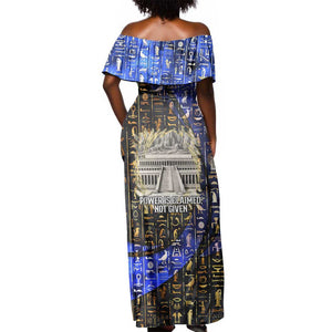 Hatshepsut Off Shoulder Maxi Dress with Queen King Portrait, Temple Illustration and Blue-Gold Hieroglyphic - African Pride