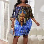 Hatshepsut Off Shoulder Short Dress with Queen King Portrait, Temple Illustration and Blue-Gold Hieroglyphic - African Pride