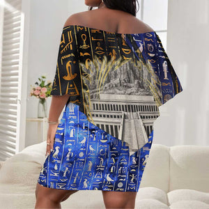 Hatshepsut Off Shoulder Short Dress with Queen King Portrait, Temple Illustration and Blue-Gold Hieroglyphic - African Pride
