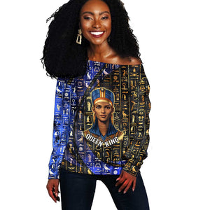 Hatshepsut Off Shoulder Sweater with Queen King Portrait, Temple Illustration and Blue-Gold Hieroglyphic - African Pride