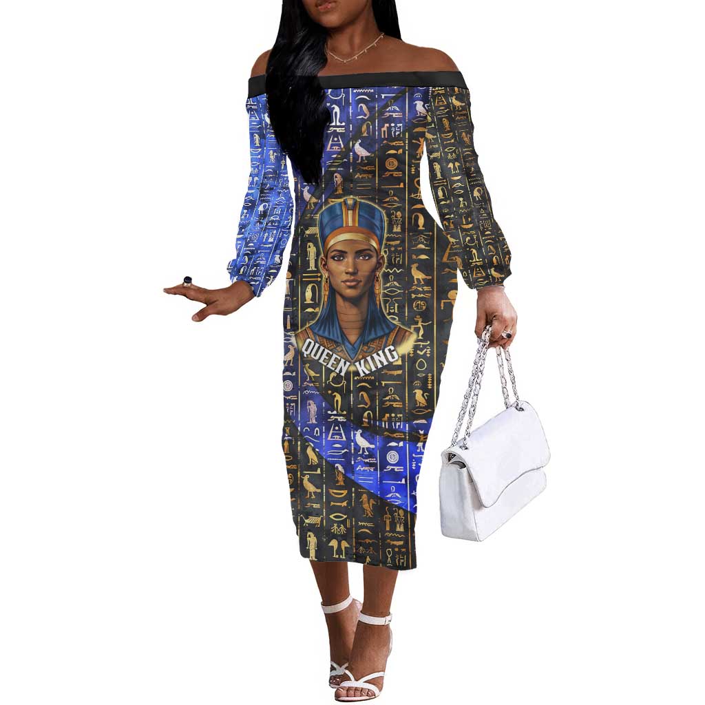 Hatshepsut Off The Shoulder Long Sleeve Dress with Queen King Portrait, Temple Illustration and Blue-Gold Hieroglyphic - African Pride