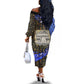 Hatshepsut Off The Shoulder Long Sleeve Dress with Queen King Portrait, Temple Illustration and Blue-Gold Hieroglyphic - African Pride