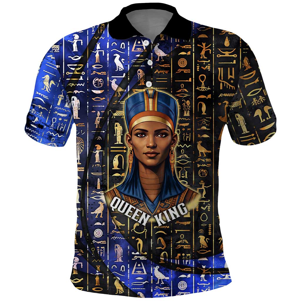 Hatshepsut Polo Shirt with Queen King Portrait, Temple Illustration and Blue-Gold Hieroglyphic - African Pride