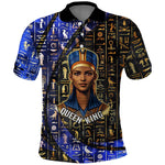 Hatshepsut Polo Shirt with Queen King Portrait, Temple Illustration and Blue-Gold Hieroglyphic - African Pride