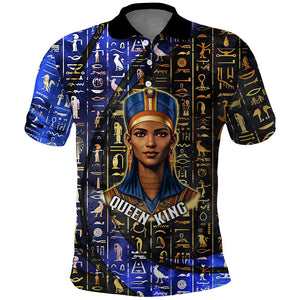 Hatshepsut Polo Shirt with Queen King Portrait, Temple Illustration and Blue-Gold Hieroglyphic - African Pride