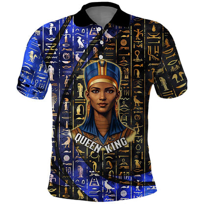 Hatshepsut Polo Shirt with Queen King Portrait, Temple Illustration and Blue-Gold Hieroglyphic - African Pride
