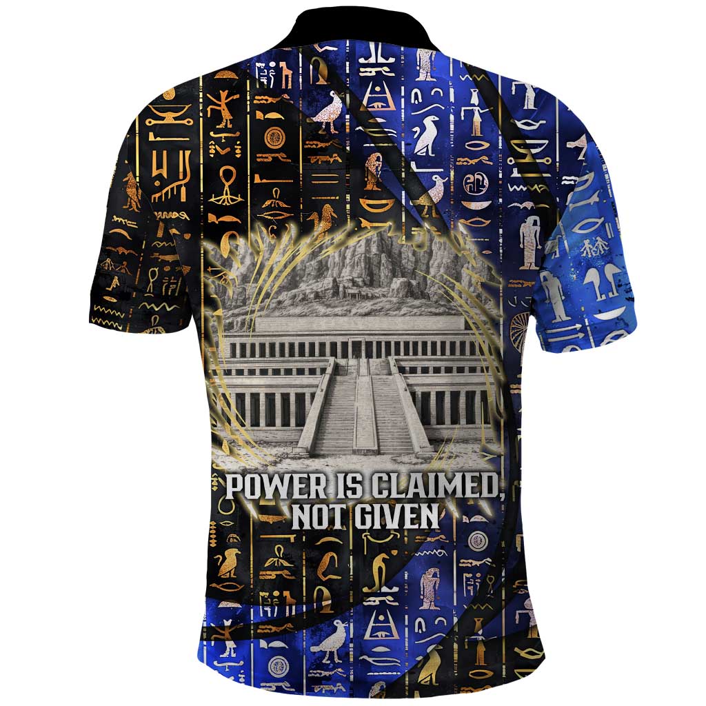 Hatshepsut Polo Shirt with Queen King Portrait, Temple Illustration and Blue-Gold Hieroglyphic - African Pride