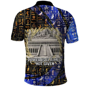 Hatshepsut Polo Shirt with Queen King Portrait, Temple Illustration and Blue-Gold Hieroglyphic - African Pride
