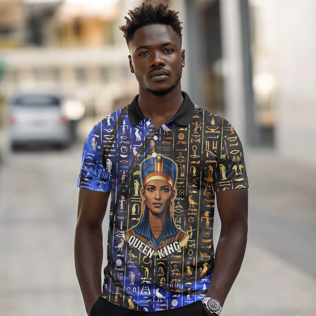 Hatshepsut Polo Shirt with Queen King Portrait, Temple Illustration and Blue-Gold Hieroglyphic - African Pride