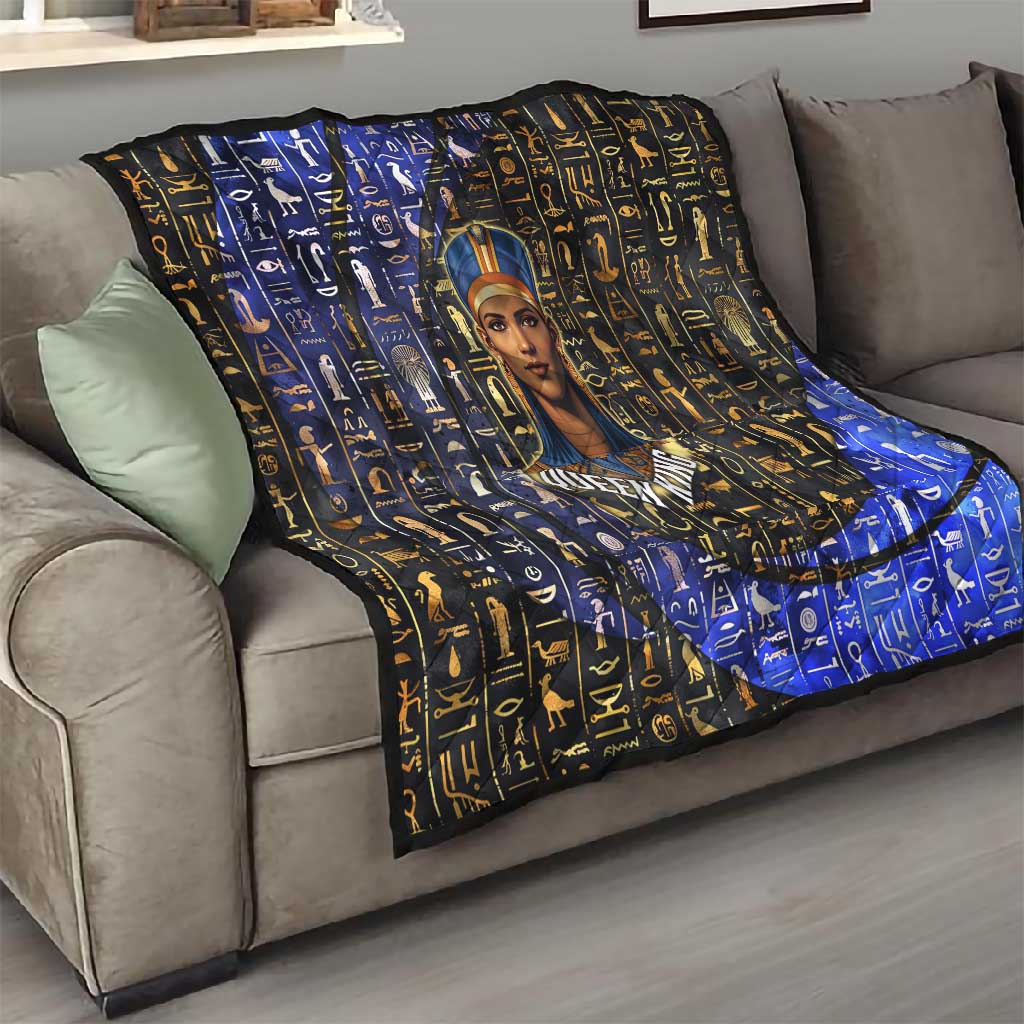 Hatshepsut Quilt with Queen King Portrait, Temple Illustration and Blue-Gold Hieroglyphic - African Pride