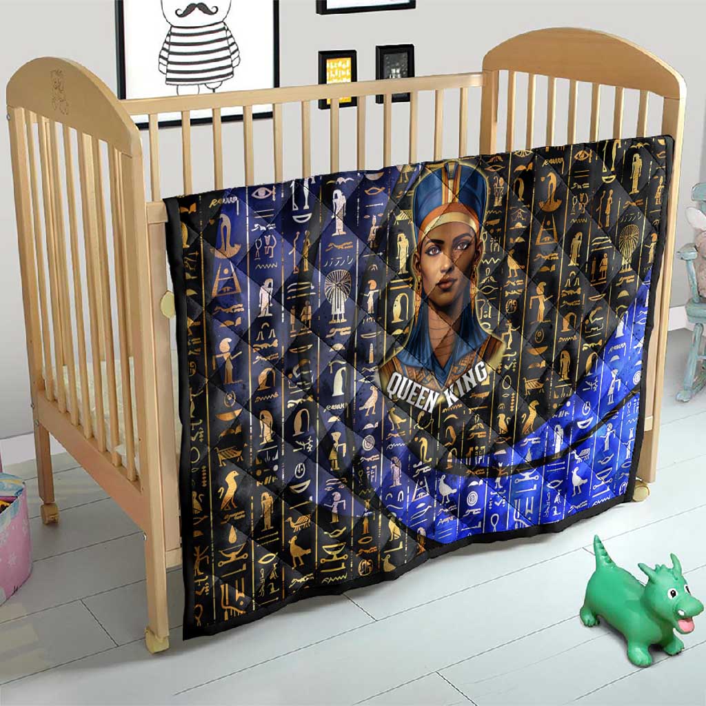 Hatshepsut Quilt with Queen King Portrait, Temple Illustration and Blue-Gold Hieroglyphic - African Pride