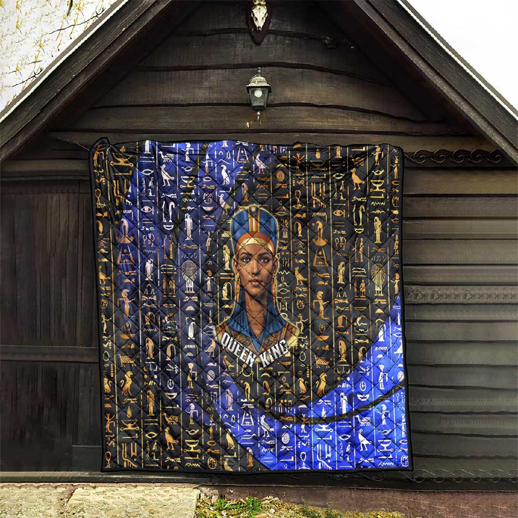 Hatshepsut Quilt with Queen King Portrait, Temple Illustration and Blue-Gold Hieroglyphic - African Pride