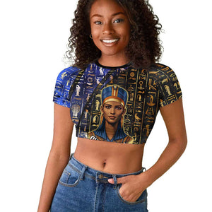 Hatshepsut Raglan Cropped T shirt with Queen King Portrait, Temple Illustration and Blue-Gold Hieroglyphic - African Pride