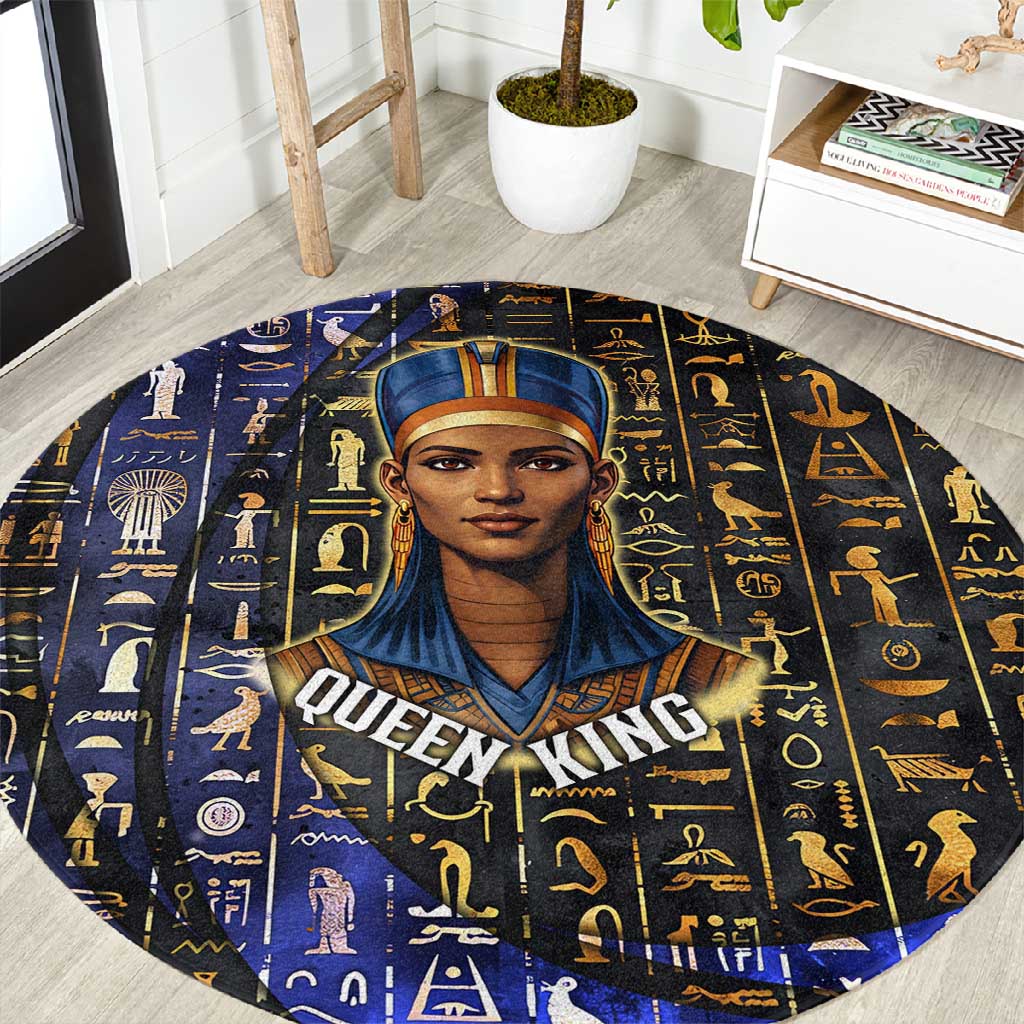 Hatshepsut Round Carpet with Queen King Portrait, Temple Illustration and Blue-Gold Hieroglyphic - African Pride