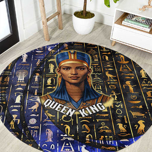 Hatshepsut Round Carpet with Queen King Portrait, Temple Illustration and Blue-Gold Hieroglyphic - African Pride