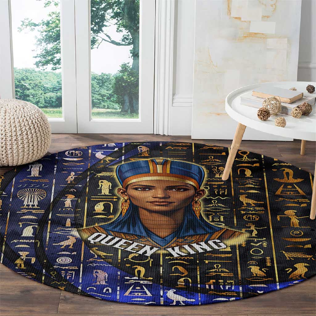 Hatshepsut Round Carpet with Queen King Portrait, Temple Illustration and Blue-Gold Hieroglyphic - African Pride