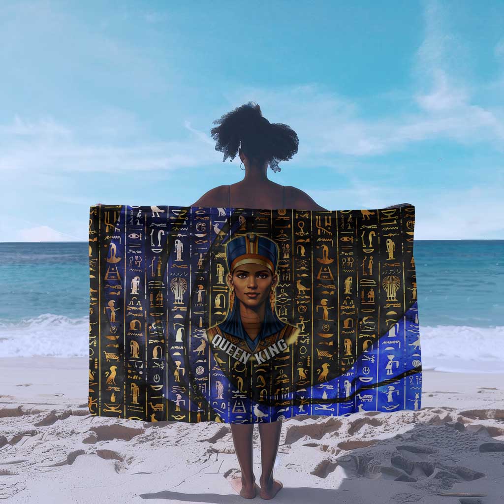 Hatshepsut Sarong with Queen King Portrait, Temple Illustration and Blue-Gold Hieroglyphic - African Pride