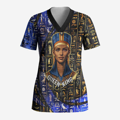 Hatshepsut Scrub Top with Queen King Portrait, Temple Illustration and Blue-Gold Hieroglyphic - African Pride