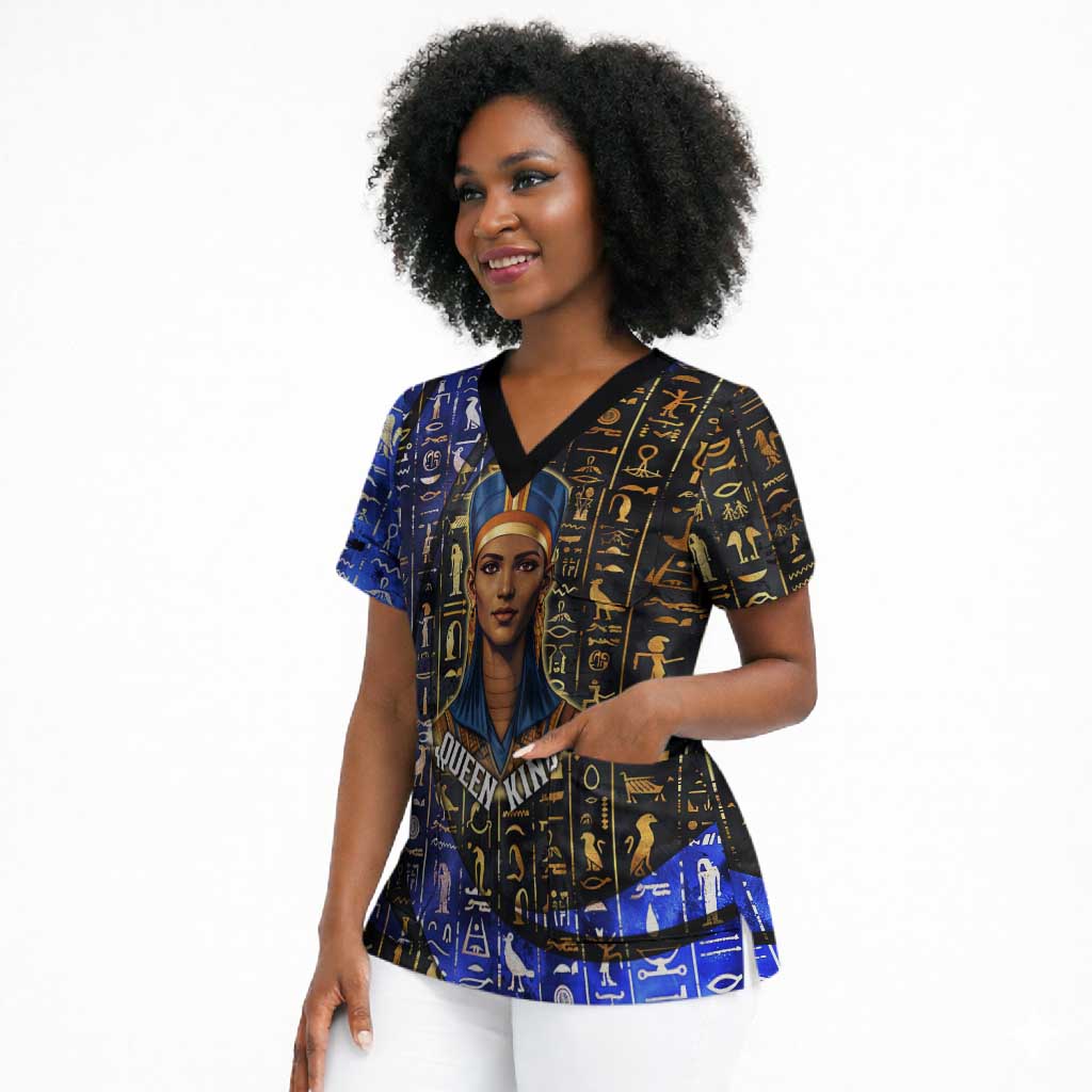 Hatshepsut Scrub Top with Queen King Portrait, Temple Illustration and Blue-Gold Hieroglyphic - African Pride