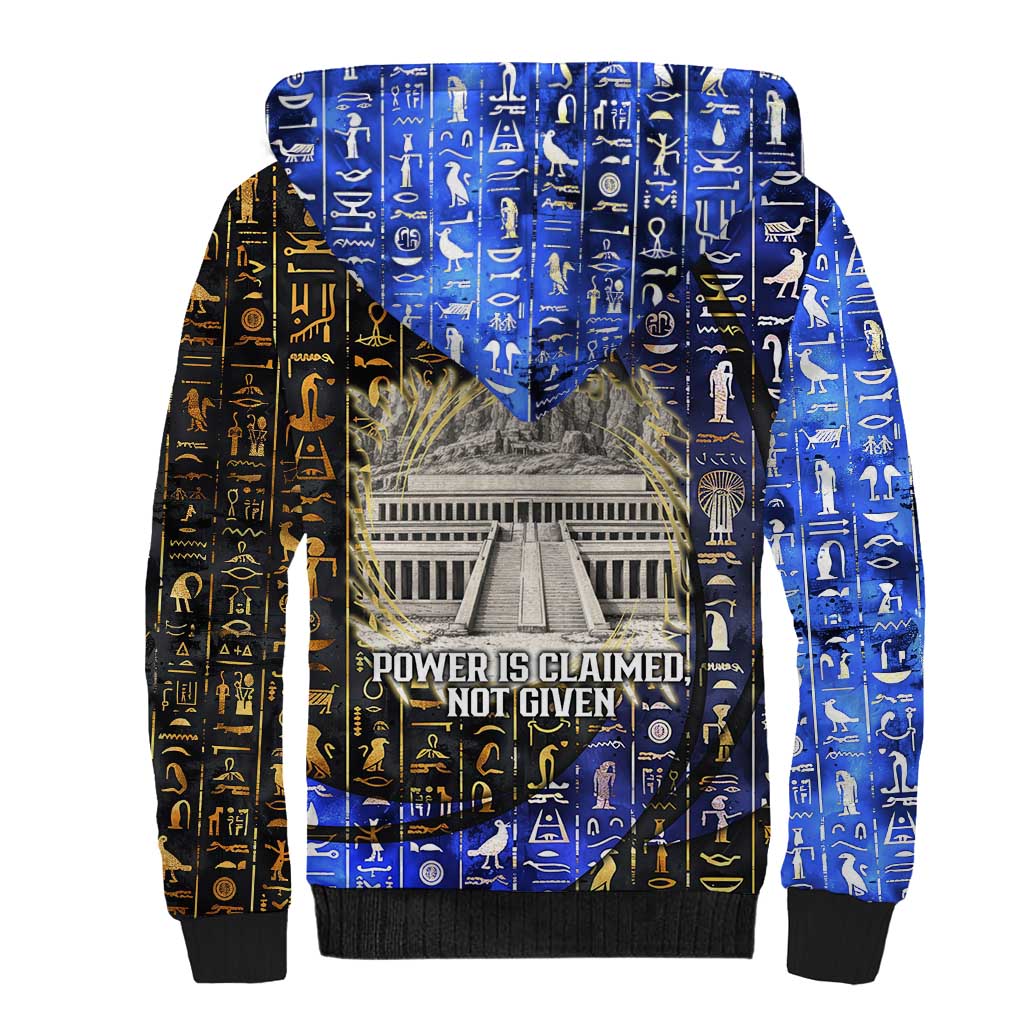 Hatshepsut Sherpa Hoodie with Queen King Portrait, Temple Illustration and Blue-Gold Hieroglyphic - African Pride