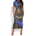 Hatshepsut Short Sleeve Bodycon Dress with Queen King Portrait, Temple Illustration and Blue-Gold Hieroglyphic - African Pride