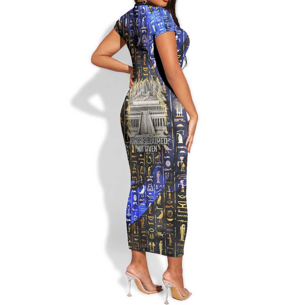 Hatshepsut Short Sleeve Bodycon Dress with Queen King Portrait, Temple Illustration and Blue-Gold Hieroglyphic - African Pride