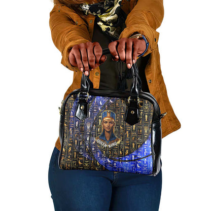 Hatshepsut Shoulder Handbag with Queen King Portrait, Temple Illustration and Blue-Gold Hieroglyphic - African Pride