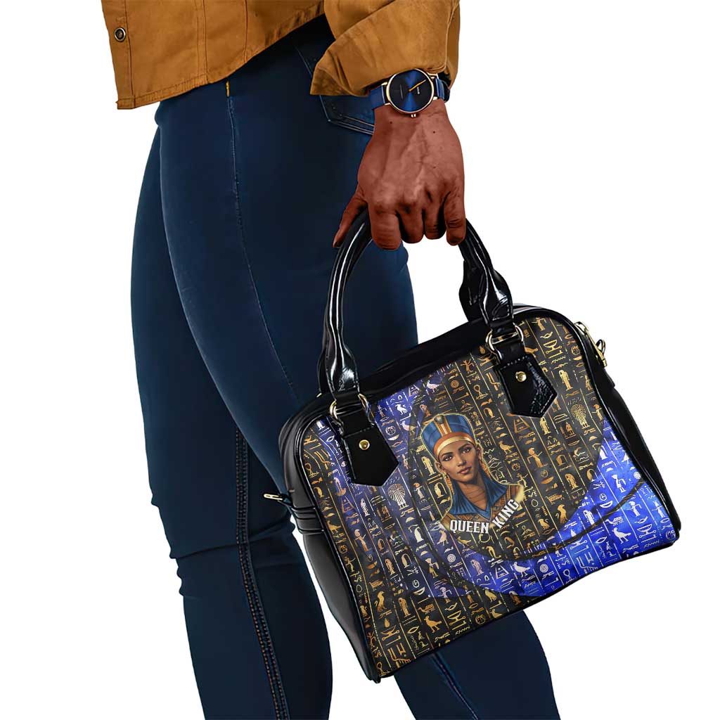 Hatshepsut Shoulder Handbag with Queen King Portrait, Temple Illustration and Blue-Gold Hieroglyphic - African Pride