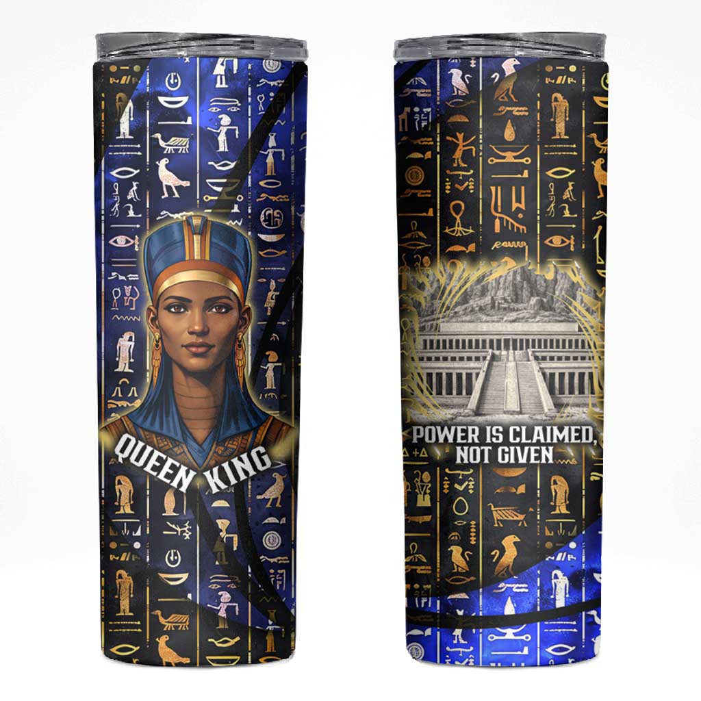 Hatshepsut Skinny Tumbler with Queen King Portrait, Temple Illustration and Blue-Gold Hieroglyphic - African Pride
