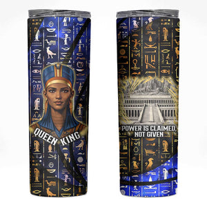 Hatshepsut Skinny Tumbler with Queen King Portrait, Temple Illustration and Blue-Gold Hieroglyphic - African Pride