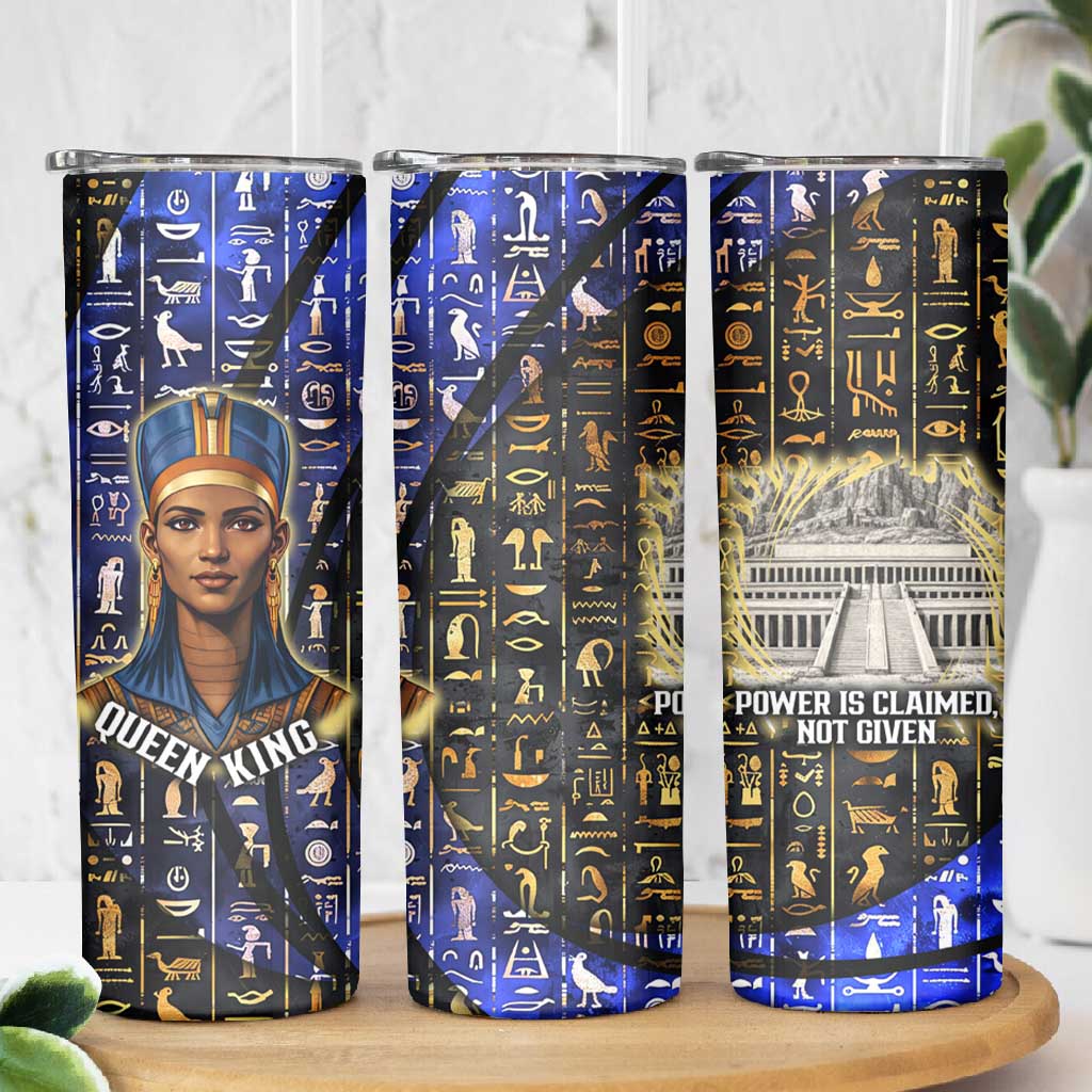 Hatshepsut Skinny Tumbler with Queen King Portrait, Temple Illustration and Blue-Gold Hieroglyphic - African Pride