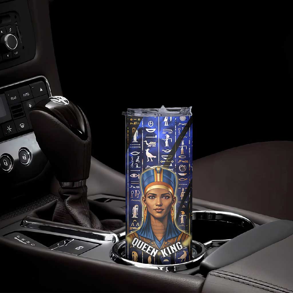 Hatshepsut Skinny Tumbler with Queen King Portrait, Temple Illustration and Blue-Gold Hieroglyphic - African Pride