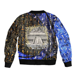Hatshepsut Sleeve Zip Bomber Jacket with Queen King Portrait, Temple Illustration and Blue-Gold Hieroglyphic - African Pride
