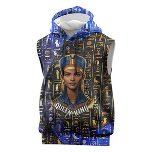 Hatshepsut Sleeveless Hoodie with Queen King Portrait, Temple Illustration and Blue-Gold Hieroglyphic - African Pride