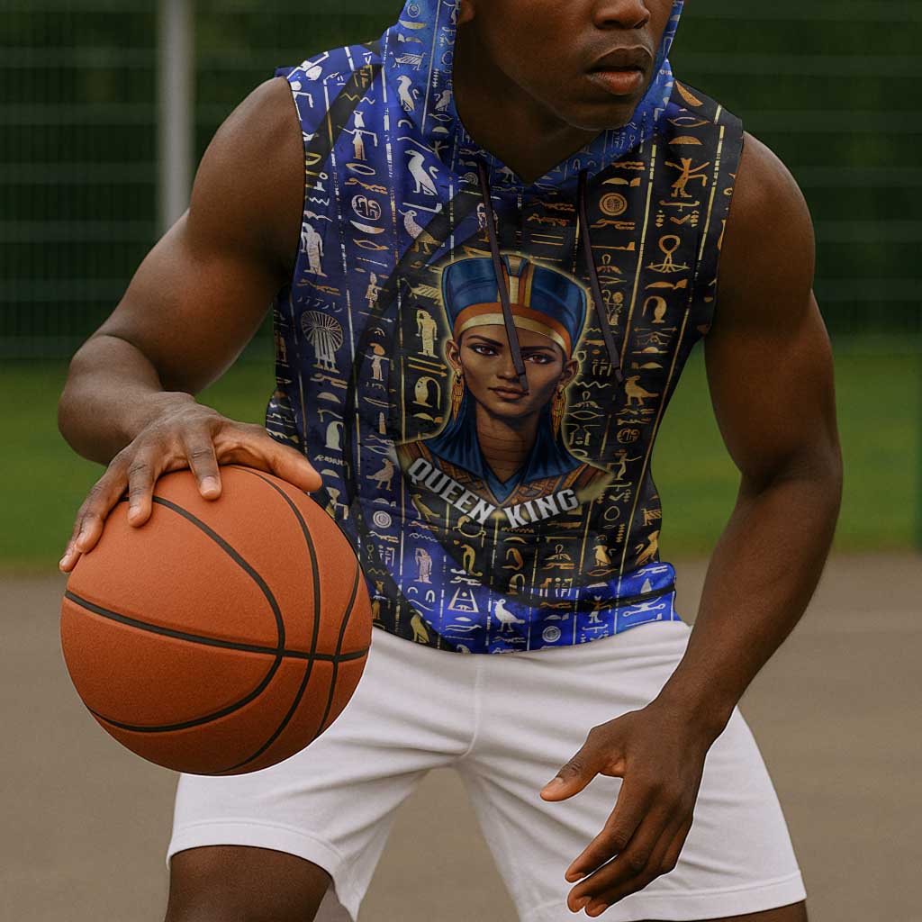 Hatshepsut Sleeveless Hoodie with Queen King Portrait, Temple Illustration and Blue-Gold Hieroglyphic - African Pride