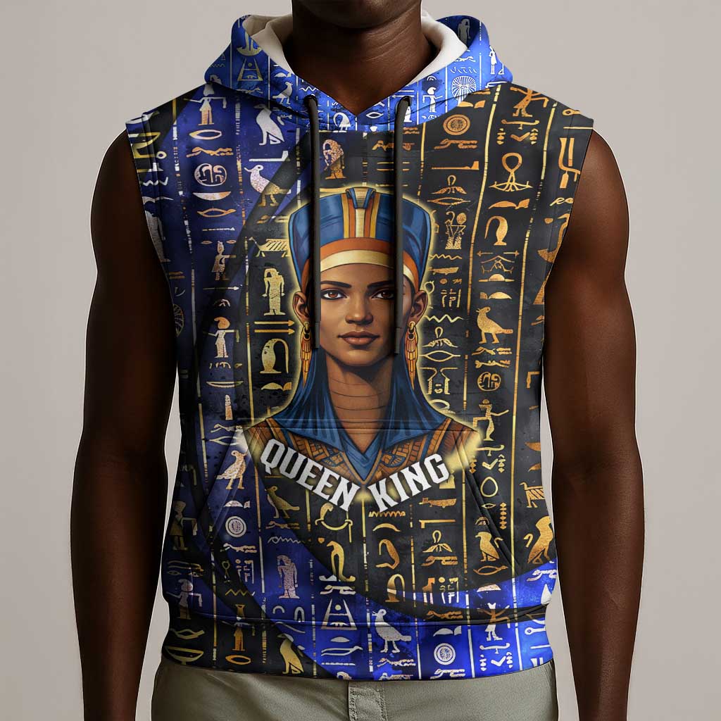 Hatshepsut Sleeveless Hoodie with Queen King Portrait, Temple Illustration and Blue-Gold Hieroglyphic - African Pride