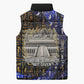 Hatshepsut Sleeveless Puffer Jacket with Queen King Portrait, Temple Illustration and Blue-Gold Hieroglyphic - African Pride