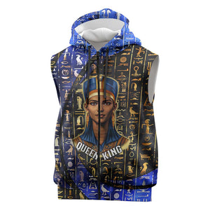 Hatshepsut Sleeveless Zip Hoodie with Queen King Portrait, Temple Illustration and Blue-Gold Hieroglyphic - African Pride