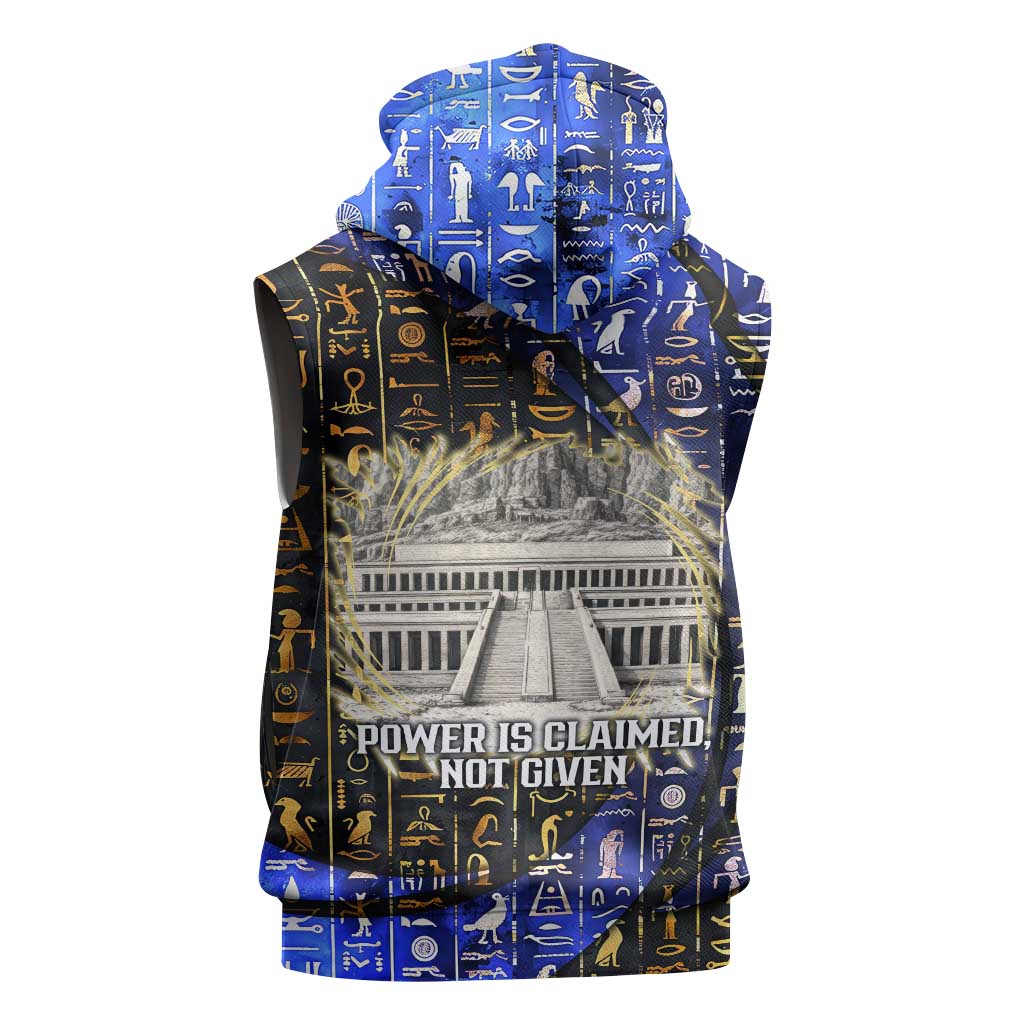Hatshepsut Sleeveless Zip Hoodie with Queen King Portrait, Temple Illustration and Blue-Gold Hieroglyphic - African Pride