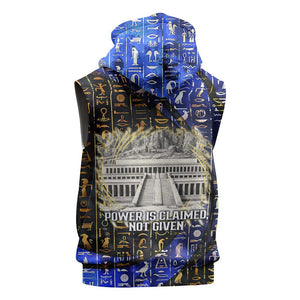 Hatshepsut Sleeveless Zip Hoodie with Queen King Portrait, Temple Illustration and Blue-Gold Hieroglyphic - African Pride