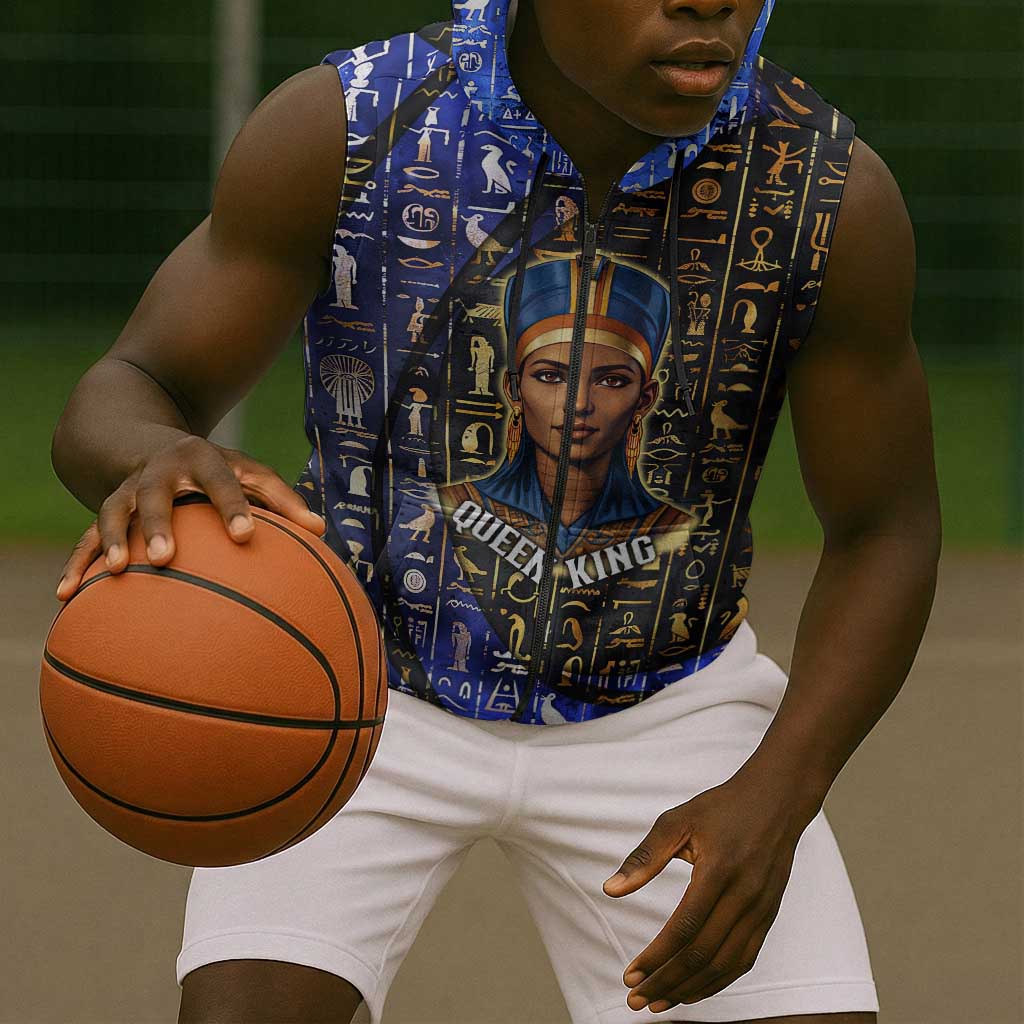 Hatshepsut Sleeveless Zip Hoodie with Queen King Portrait, Temple Illustration and Blue-Gold Hieroglyphic - African Pride