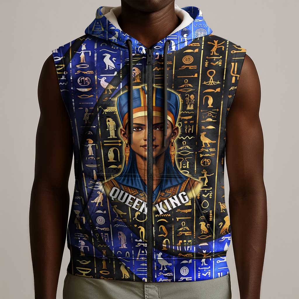Hatshepsut Sleeveless Zip Hoodie with Queen King Portrait, Temple Illustration and Blue-Gold Hieroglyphic - African Pride